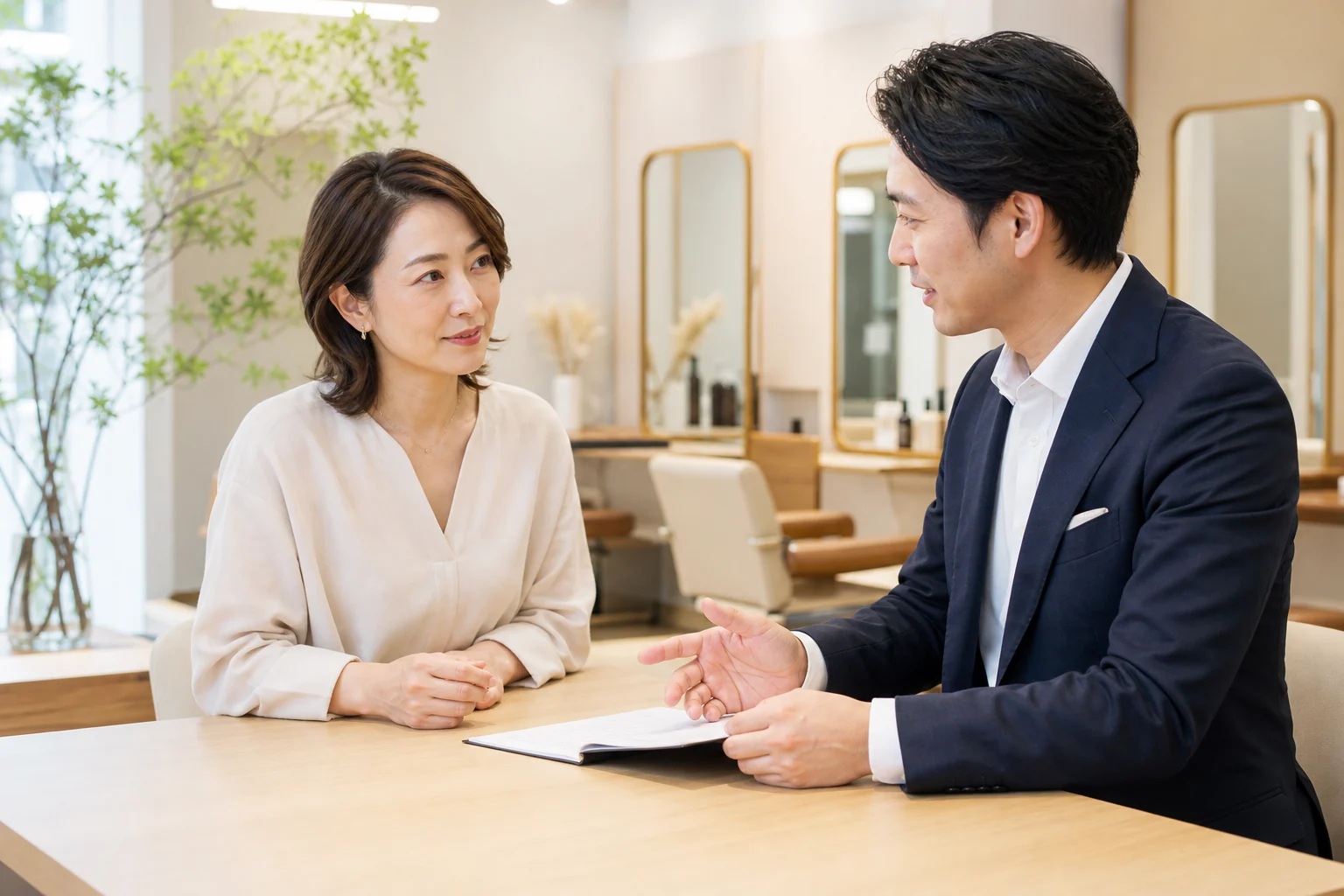 美容サロンの譲渡について相談する女性オーナーとM&Aアドバイザー