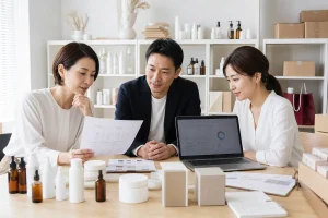 化粧品D2Cブランドの経営者と買い手が在庫・OEM・EC運営の承継を確認する様子