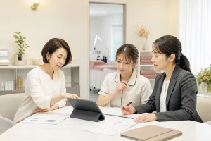 エステ・アイラッシュ複合サロンでオーナーとスタッフが承継条件を確認する様子