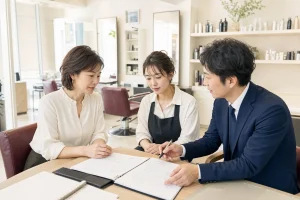 美容室オーナーと後継スタッフがM&Aアドバイザーと承継計画を確認する様子