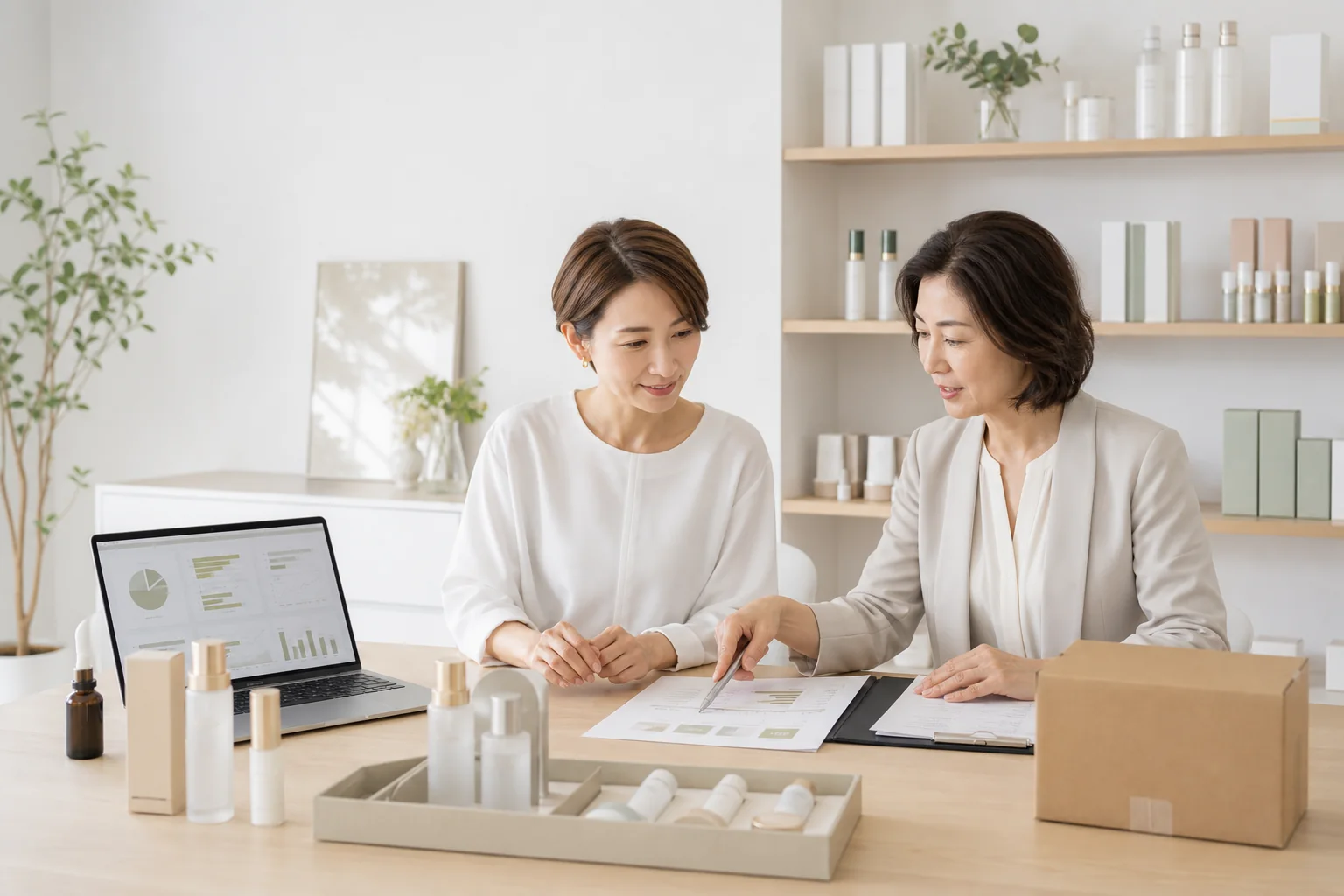 化粧品D2C・EC事業のM&A承継計画を確認するブランド経営者と専門家