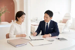 エステサロンのM&Aに向け回数券・機器リース・契約を確認する経営者とアドバイザー
