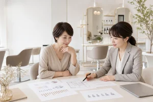 美容室のM&A売却準備について資料を確認する経営者とアドバイザー